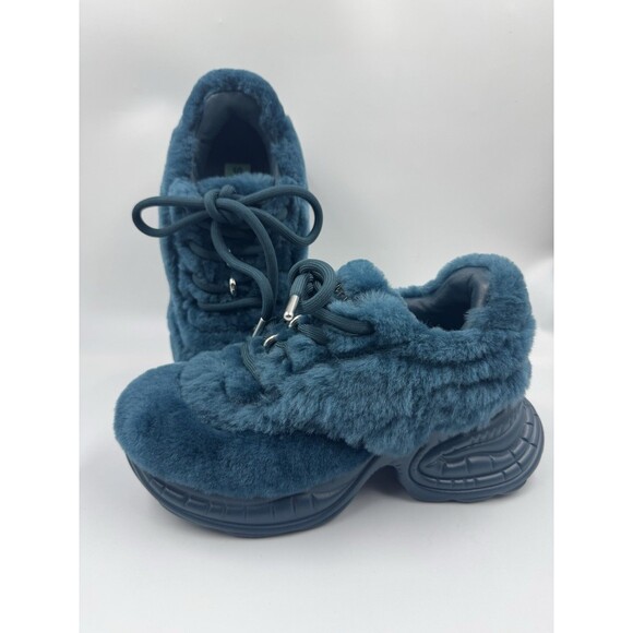 Sadi Studios Teal Blue Fur Pop Leather Sneakers Chunky Sole Platforms Size 6 - Picture 1 of 16